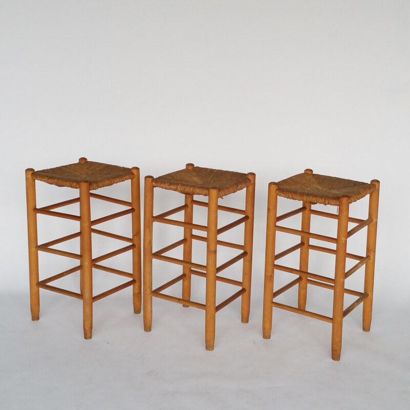 Set of 3 Mid-Century Stools with Rush Seats - 1960s