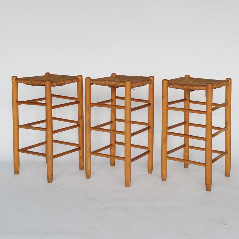 Set of 3 Mid-Century Stools with Rush Seats - 1960s