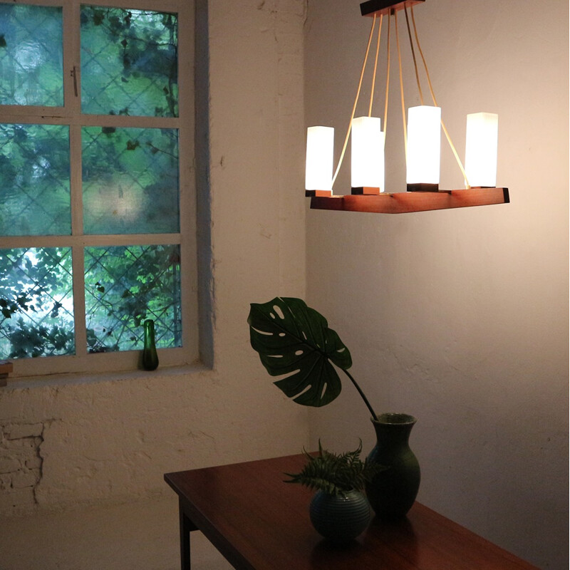 Vintage Scandinavian style chandelier in teak and brass - 1960s