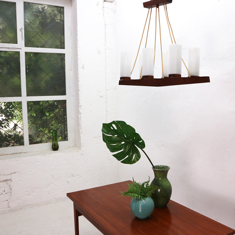 Vintage Scandinavian style chandelier in teak and brass - 1960s