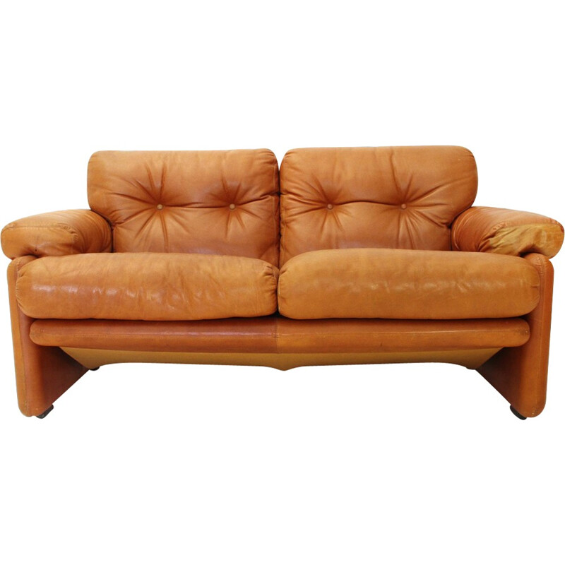 Brown leather Coronado two-seater sofa by Tobia Scarpa for B&B - 1960s