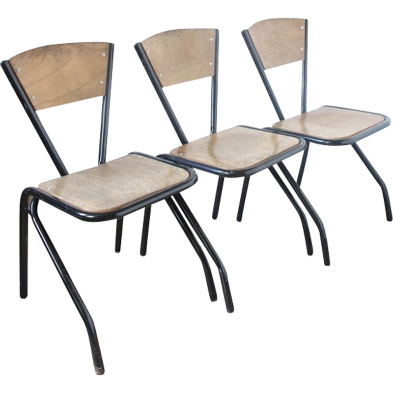 Ensemble de 3 chaises d'école noires - 1950