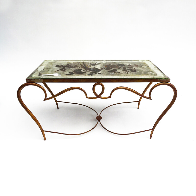 Table basse vintage doree authentique avec son verre en métal doré de René Drouet, 1940