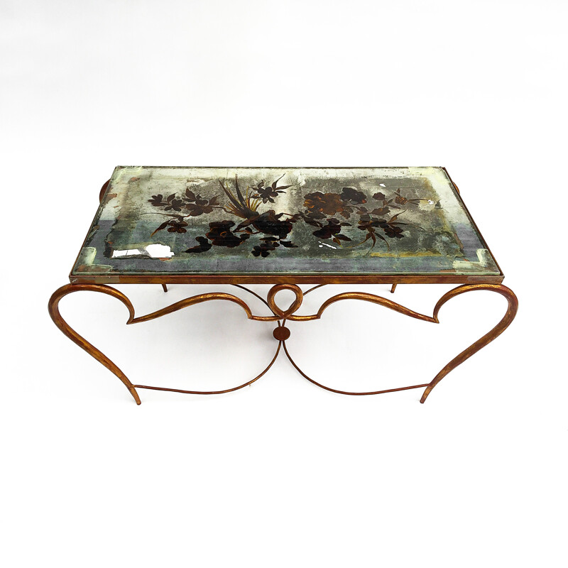 Table basse vintage doree authentique avec son verre en métal doré de René Drouet, 1940