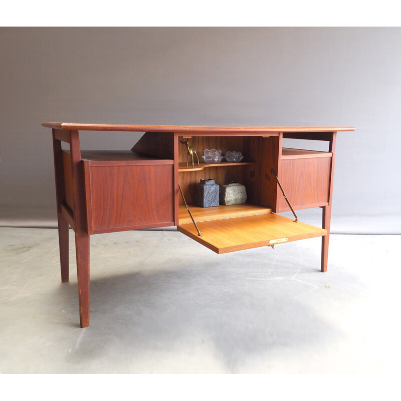 Vintage Danish writing desk with 4 drawers and a bar compartment - 1960s