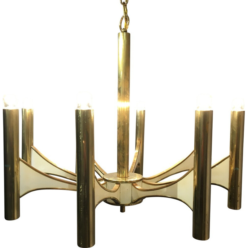 Vintage brass lightolier chandelier by Gaetano Sciolari for Brass Lightolier - 1970s