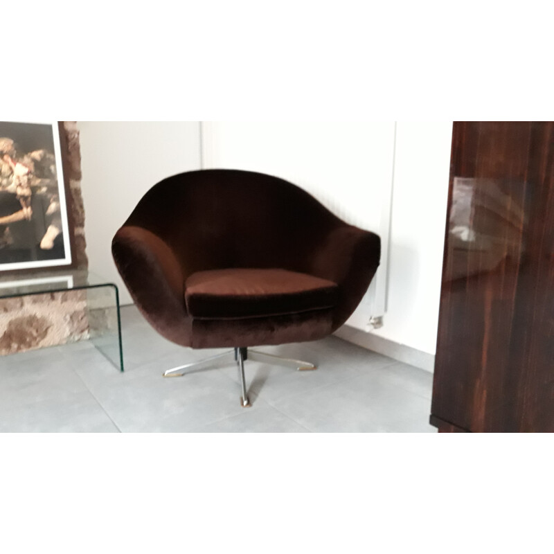 Vintage Armchair swing foot brown in velvet - 1960s