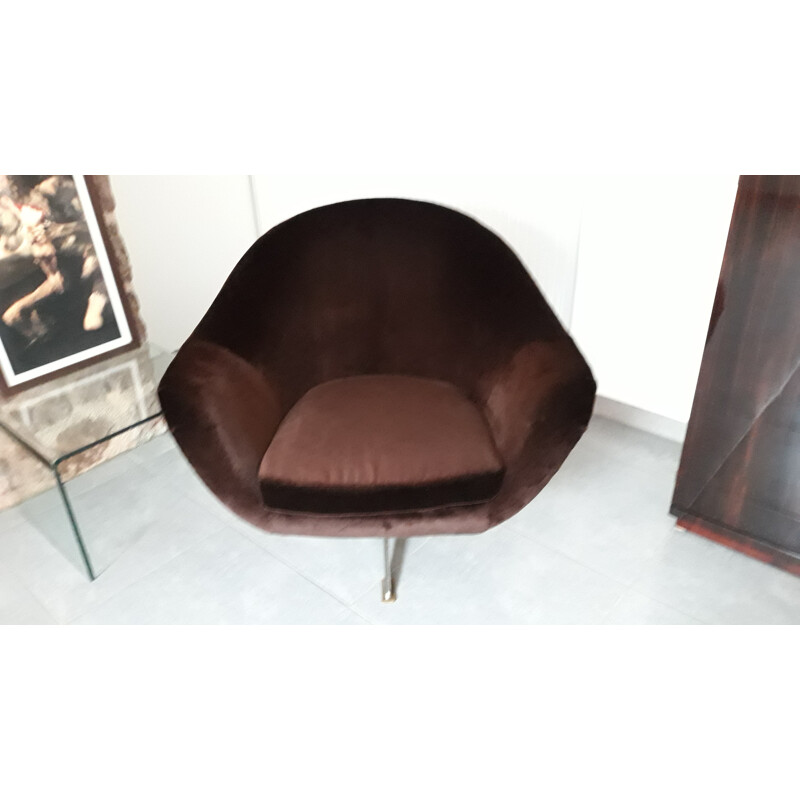 Vintage Armchair swing foot brown in velvet - 1960s