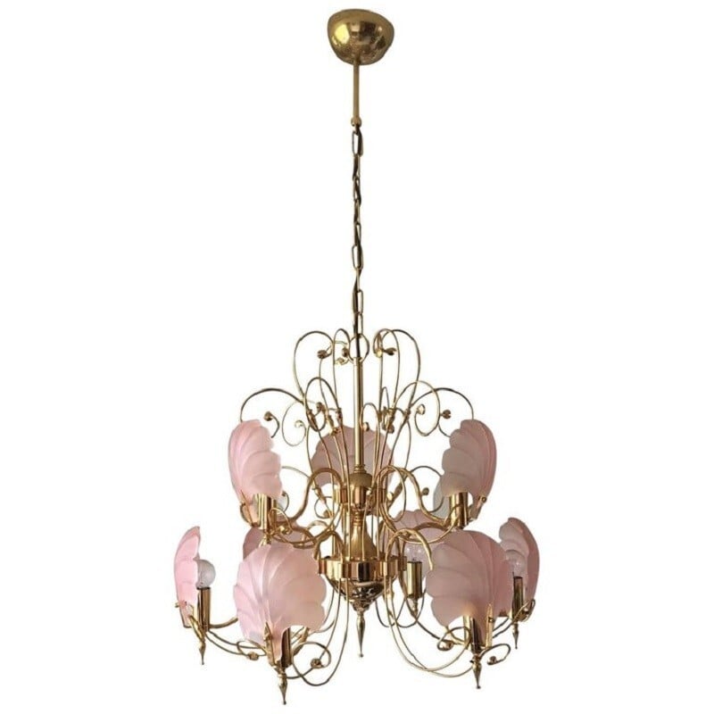 Vintage Pink and Gold Frosted Glass Shell Chandelier - 1970s