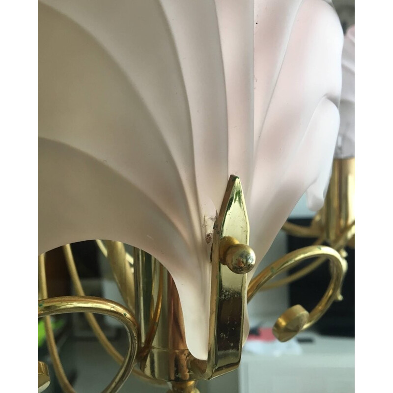 Vintage Pink and Gold Frosted Glass Shell Chandelier - 1970s