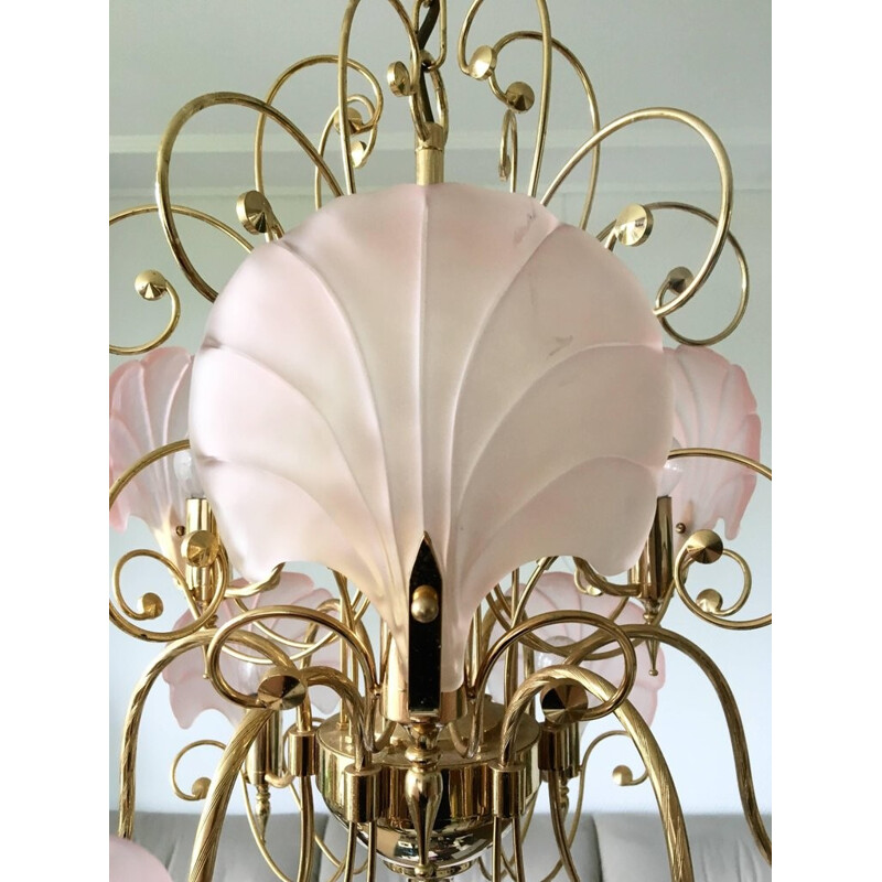 Vintage Pink and Gold Frosted Glass Shell Chandelier - 1970s