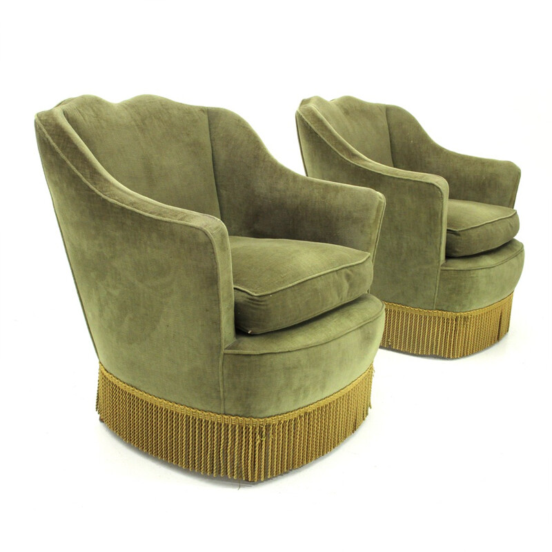 Set of 2 vintage Italian amrchairs in green velvet - 1950s