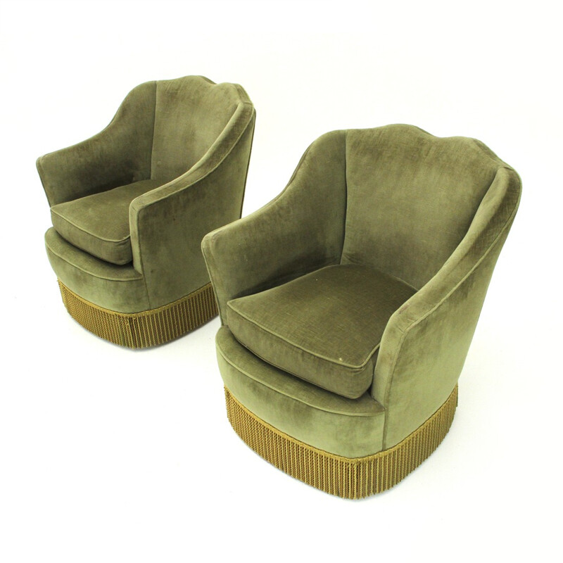 Suite de 2 fauteuils italiens vintage en velours vert - 1950