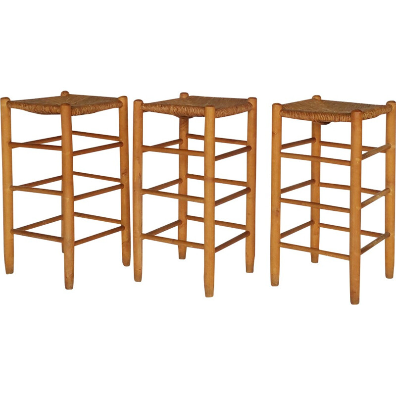 Set of 3 Mid-Century Stools with Rush Seats - 1960s