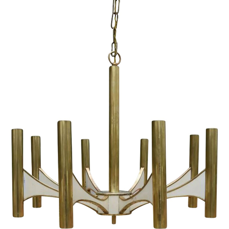 Vintage brass lightolier chandelier by Gaetano Sciolari for Brass Lightolier - 1970s