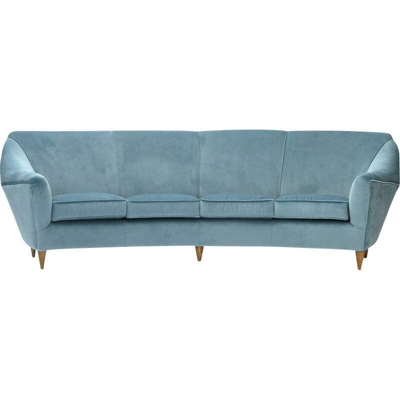 Canapé Vintage à quatre places en velours bleu azur - 1950