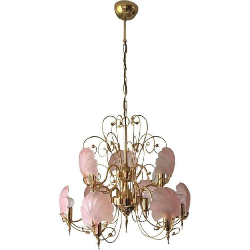 Vintage Pink and Gold Frosted Glass Shell Chandelier - 1970s