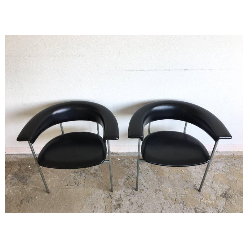 Pair of vintage "Gamma" armchairs in grey metal and black leather by Rudolf Wolf, 1960