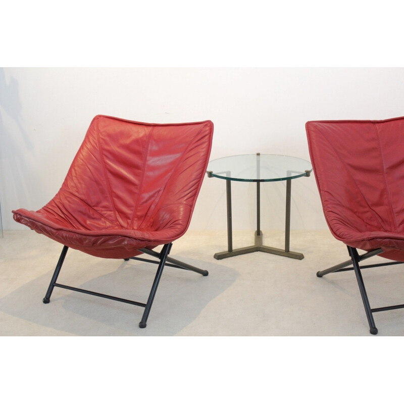 Vintage set of 2 easy chair in red leather by Teun Van Zanten for Molinari - 1970s