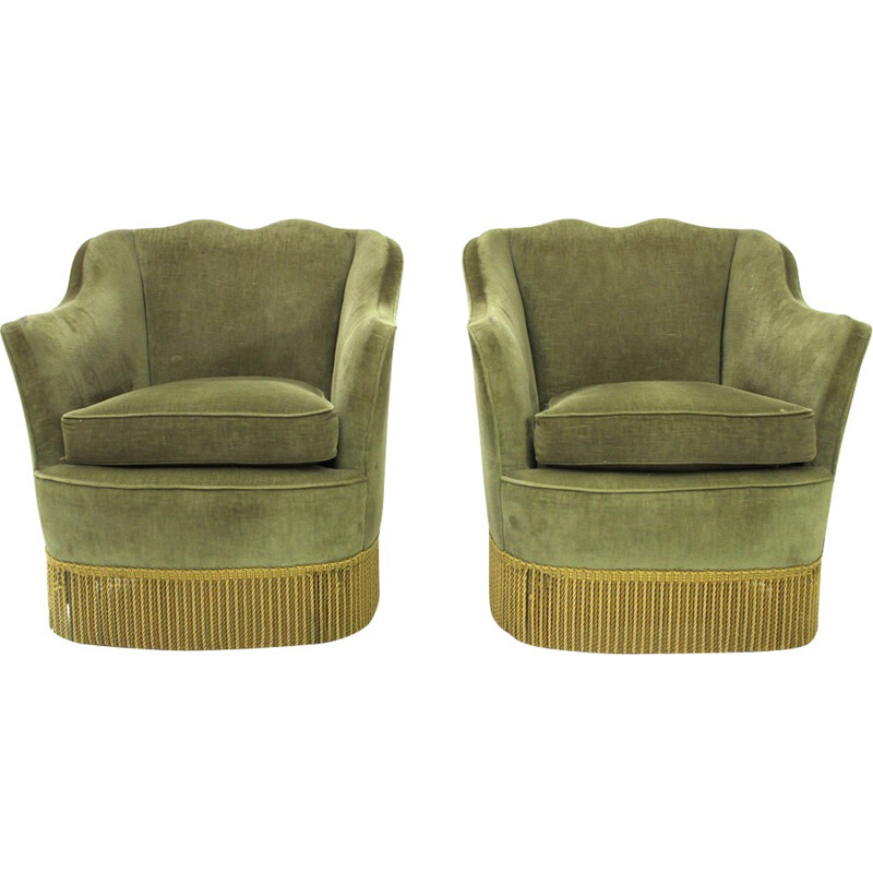 Set of 2 vintage Italian amrchairs in green velvet - 1950s