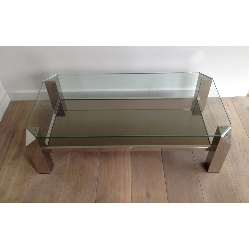 Table basse vintage en chrome et verre, 1950