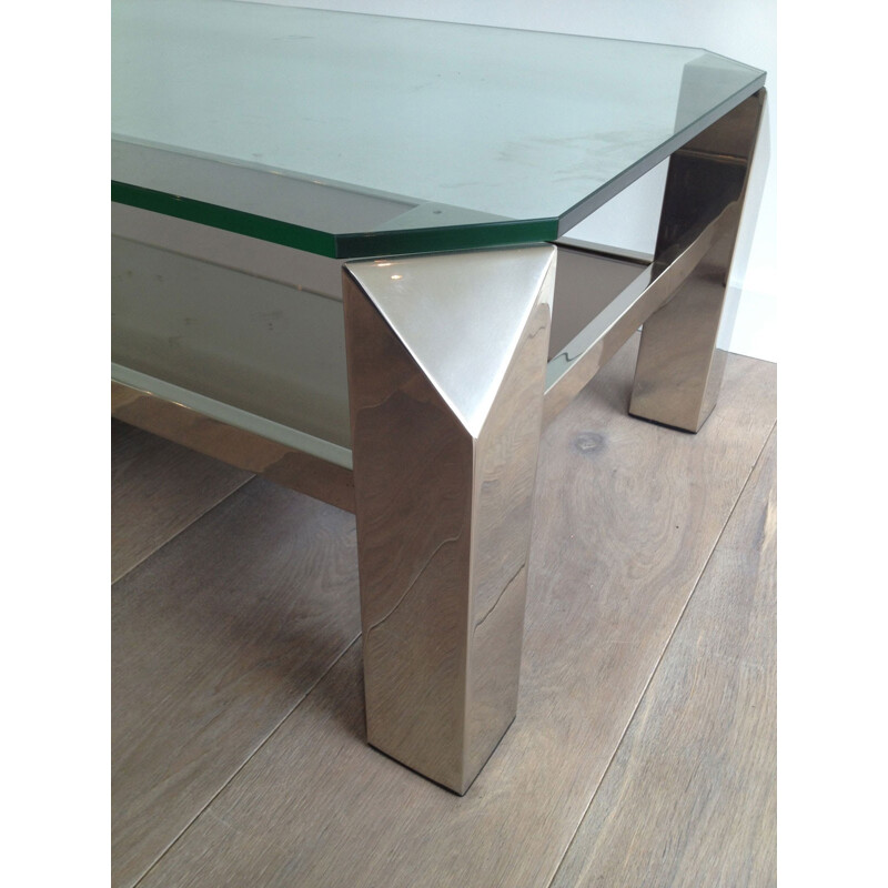 Table basse vintage en chrome et verre, 1950