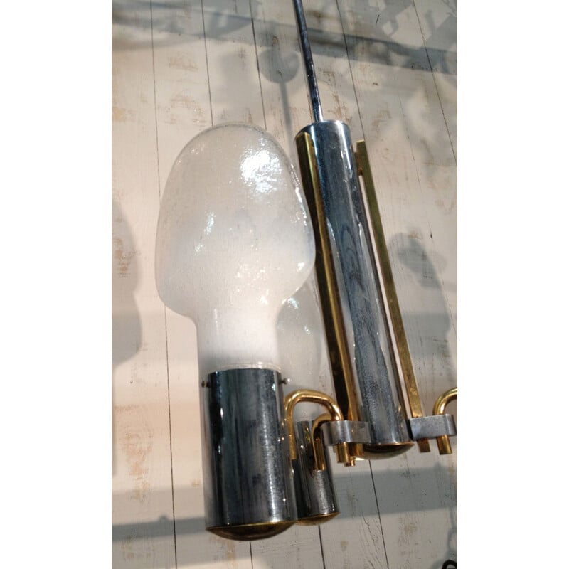 Vintage hanging lamp in chrome, brass and glass opaline - 1970s