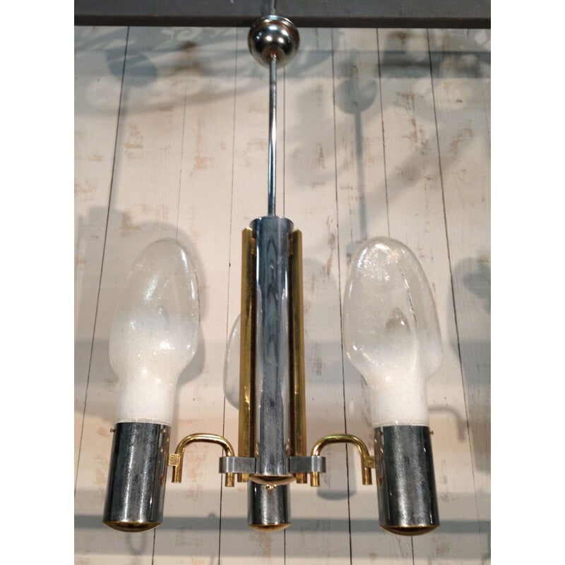 Vintage hanging lamp in chrome, brass and glass opaline - 1970s