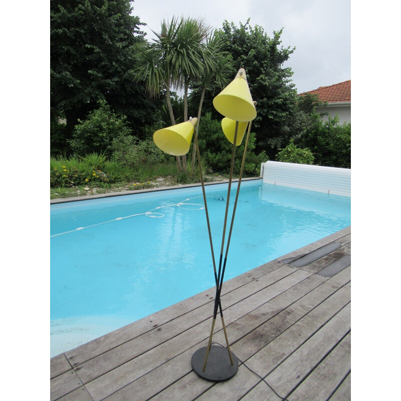 Green floor lamp with 3 rods of brass and black metal - 1960s