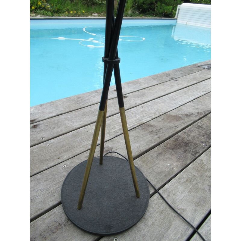 Green floor lamp with 3 rods of brass and black metal - 1960s