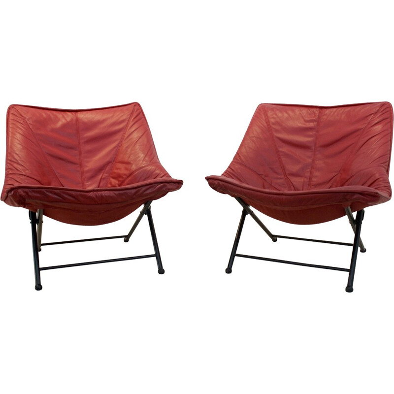 Vintage set of 2 easy chair in red leather by Teun Van Zanten for Molinari - 1970s