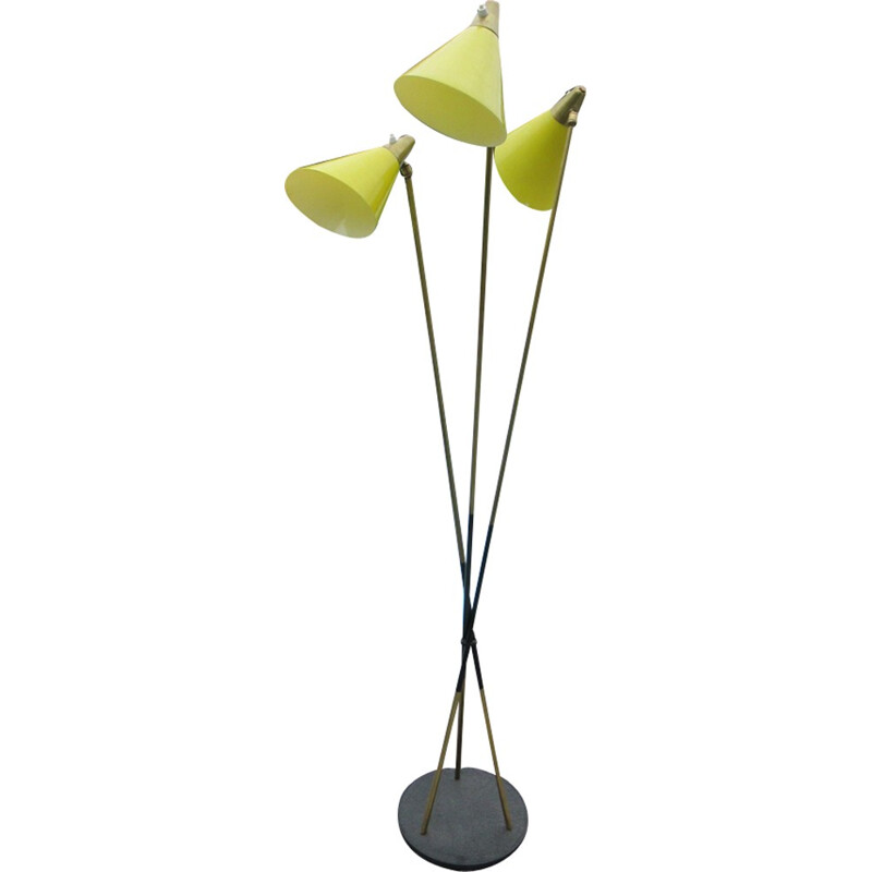 Green floor lamp with 3 rods of brass and black metal - 1960s