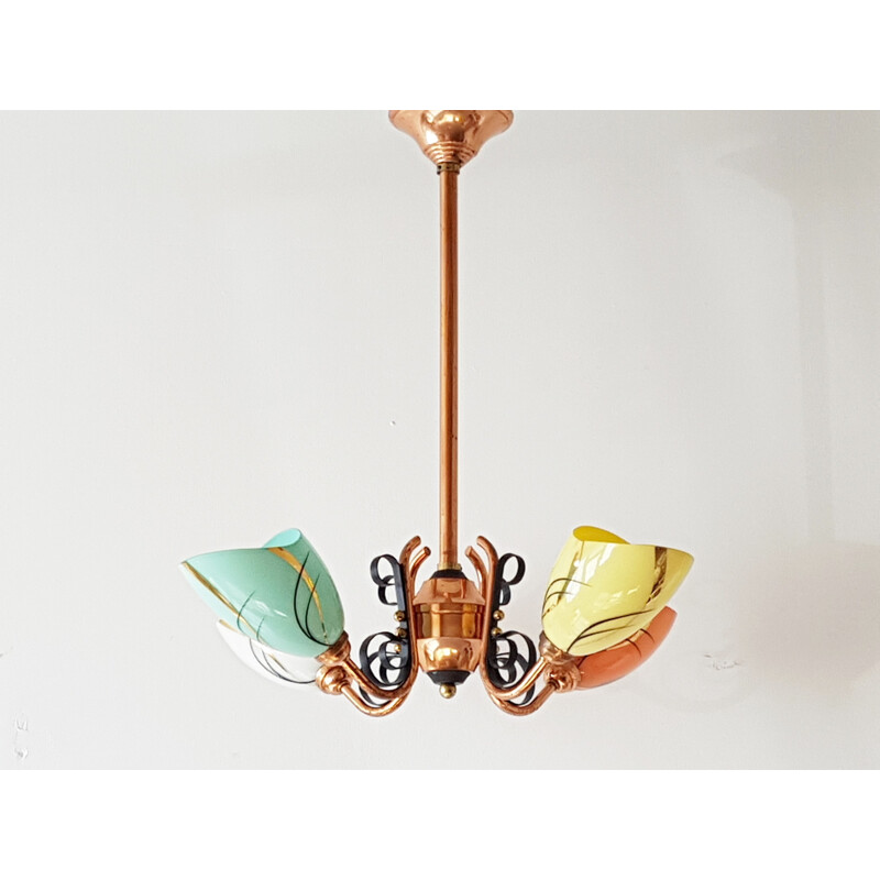 Vintage multicolored chandelier in copper and glass - 1950s