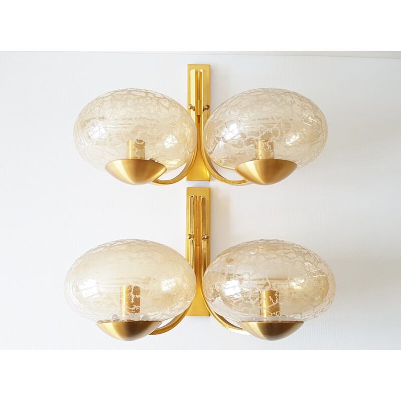 Pair of brass & golden glass wall lamps - 1970s