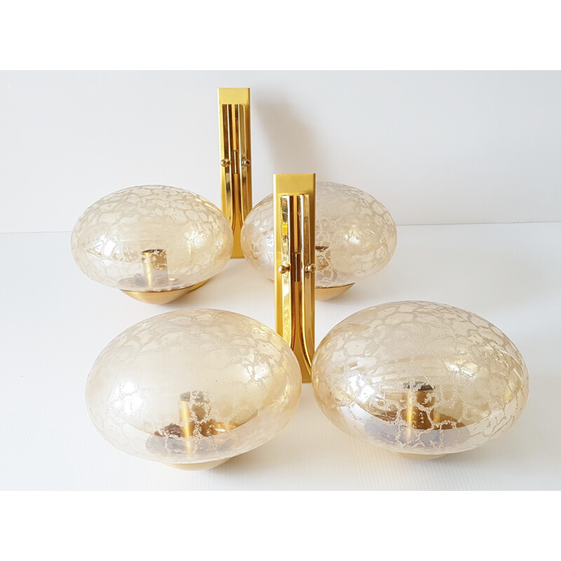 Pair of brass & golden glass wall lamps - 1970s