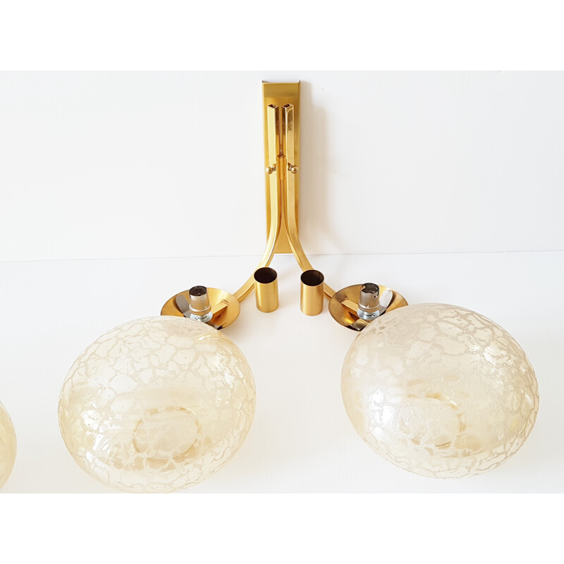 Pair of brass & golden glass wall lamps - 1970s