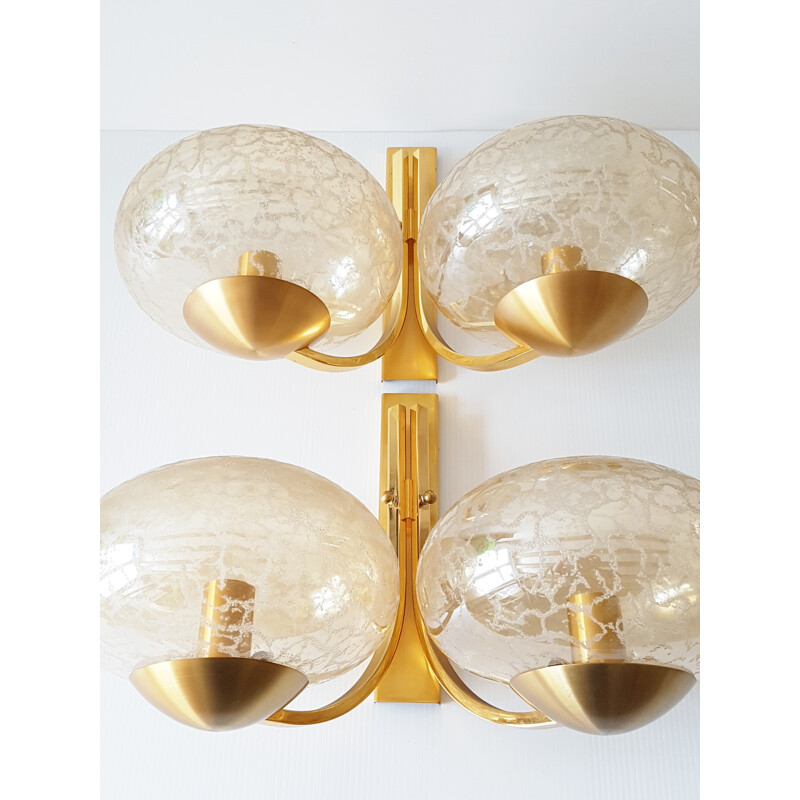 Pair of brass & golden glass wall lamps - 1970s