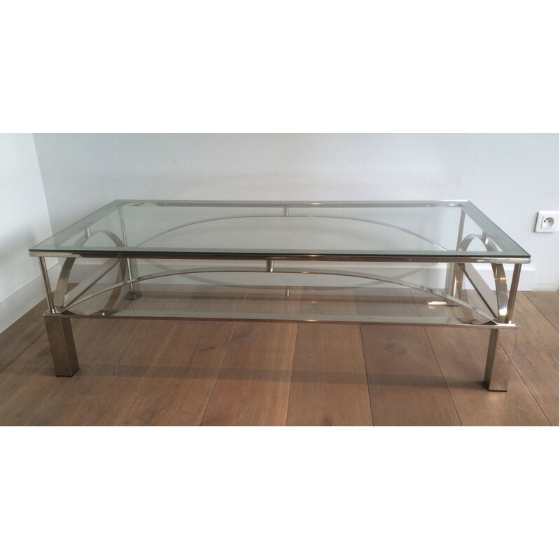 Table basse en métal chromé et verre - 1960