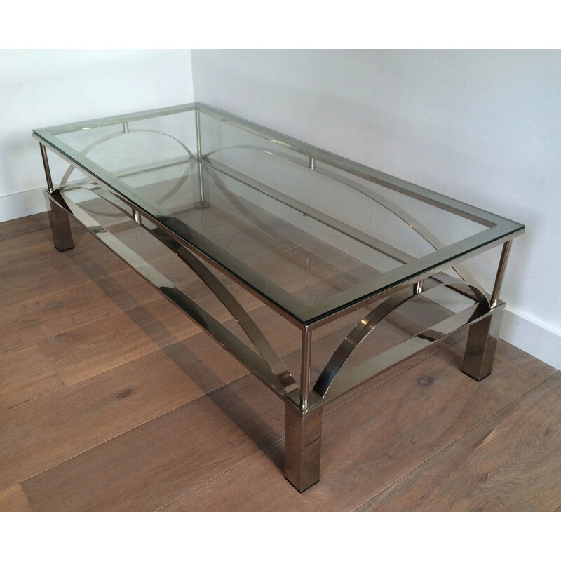 Table basse en métal chromé et verre - 1960