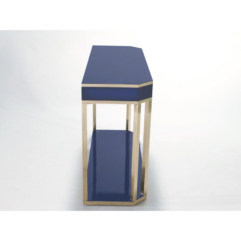Lacquered blue console in brass by J.C. Mahey for Maison Romeo - 1970s