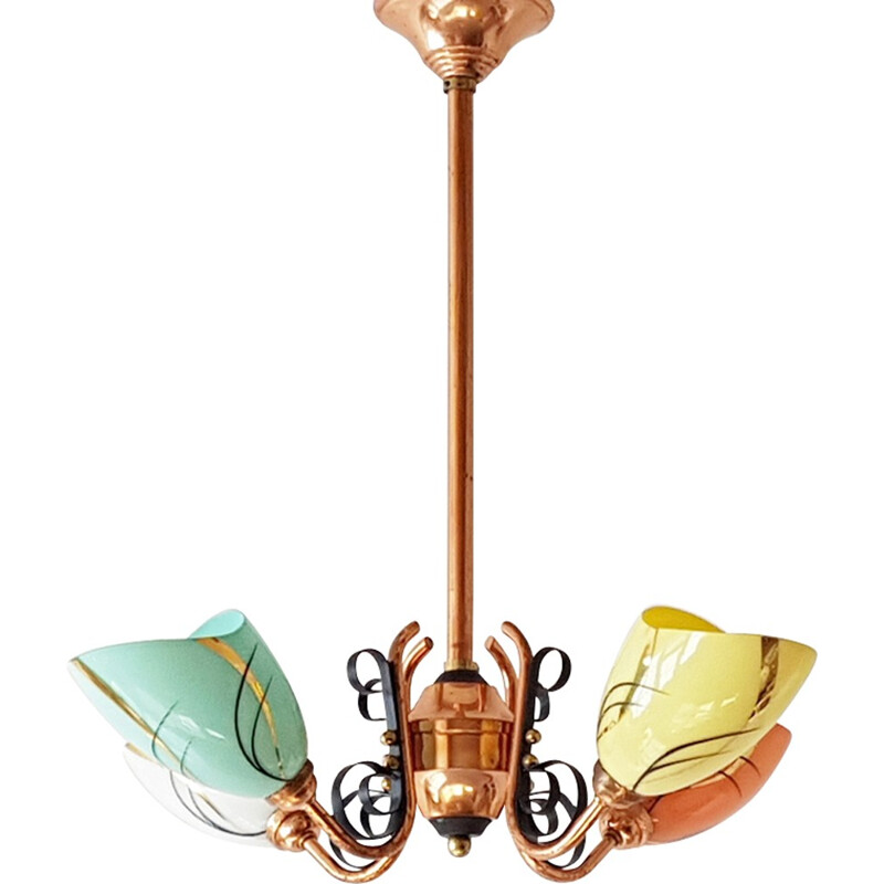 Vintage multicolored chandelier in copper and glass - 1950s