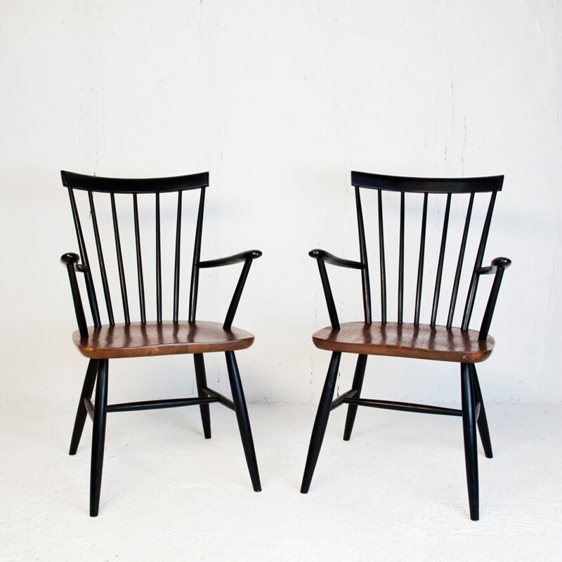 Paire fauteuils en teck et bois laqué noir - 1950