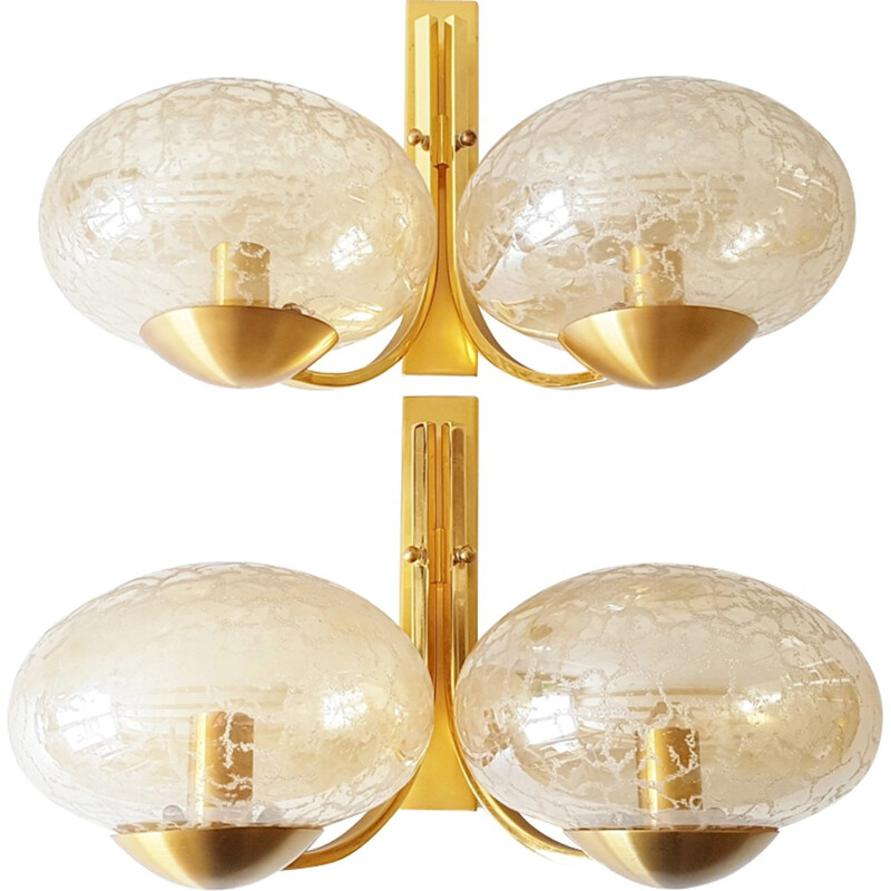 Pair of brass & golden glass wall lamps - 1970s