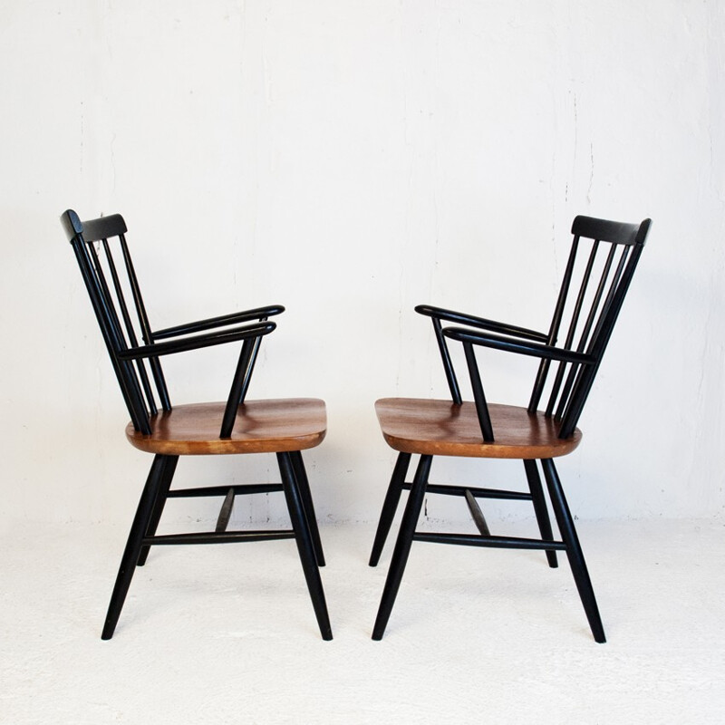 Pair of armchairs in teak and black lacquered wood - 1950s
