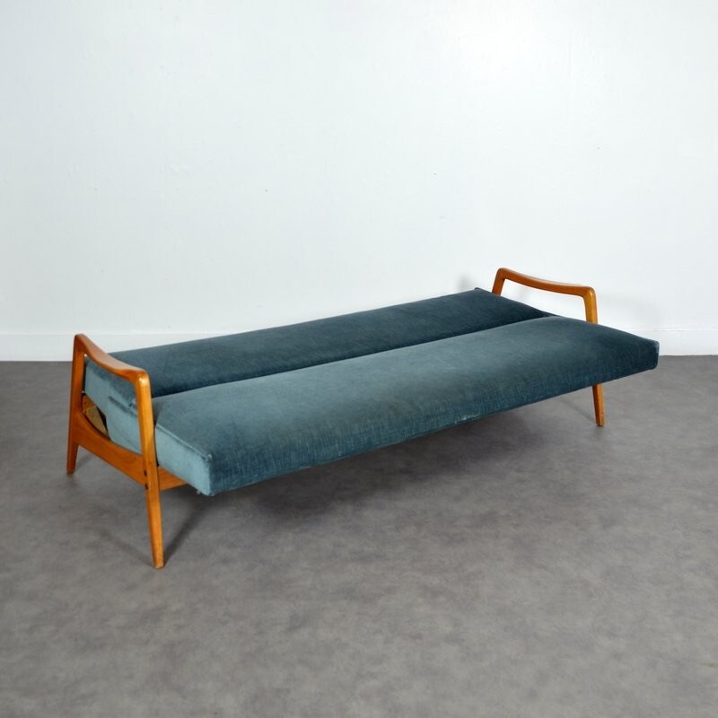 Canapé-lit vintage bleu en bois de hêtre - 1960 