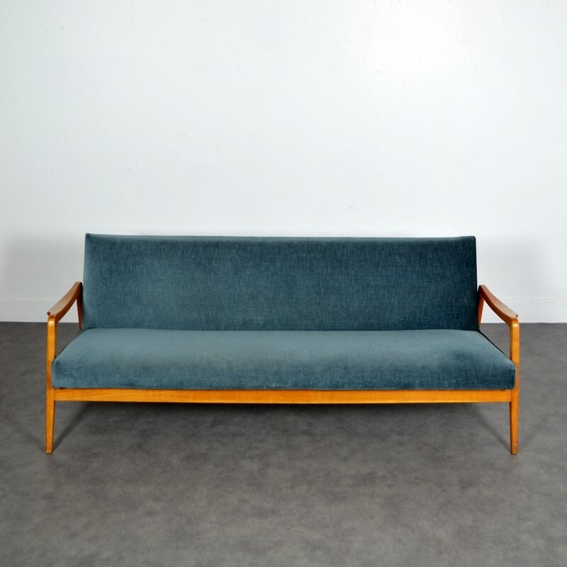 Canapé-lit vintage bleu en bois de hêtre - 1960 