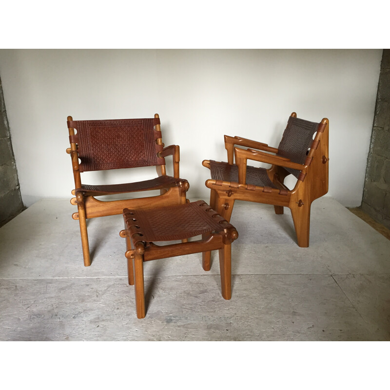 set of 2 armchairs and a footstool vintage by Angel Pazmino - 1960s