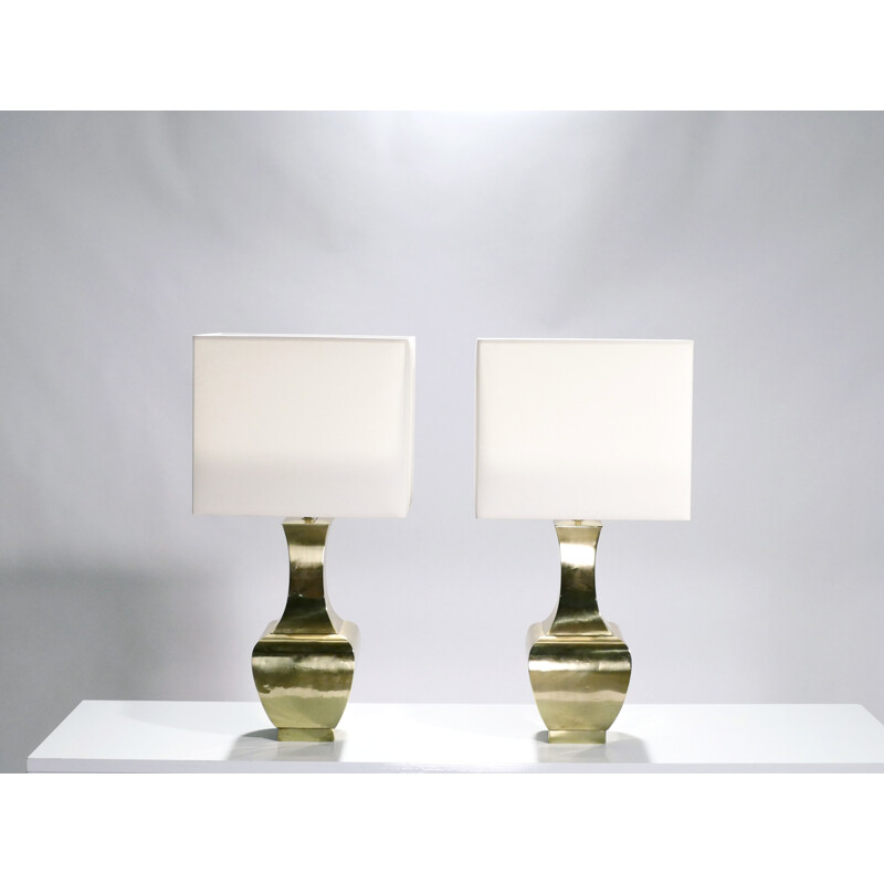 Suite de 2 lampes vintage en laiton avec abats-jours couleur crème - 1970