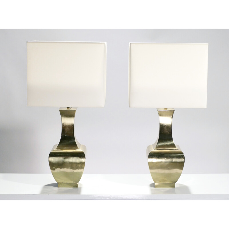 Set of 2 vintage brass lamps with the shades in cream color - 1970s