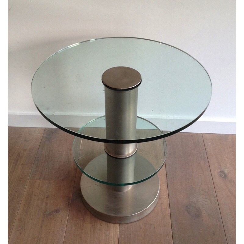 Mesa lateral Vintage em aço escovado e vidro - 1970
